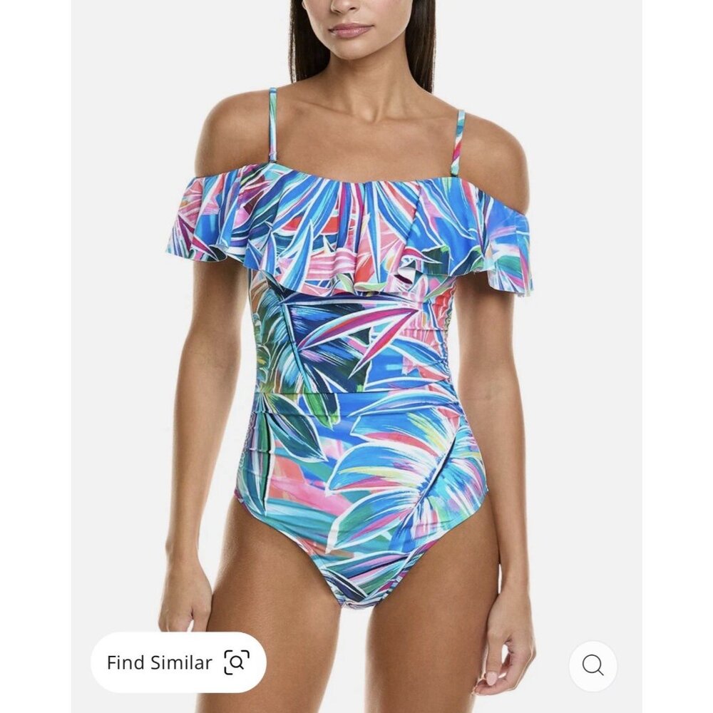 La Blanca Palm Off The Shoulder 1 PC Swimsuit Women Size 10 Floral Ruffle NEW